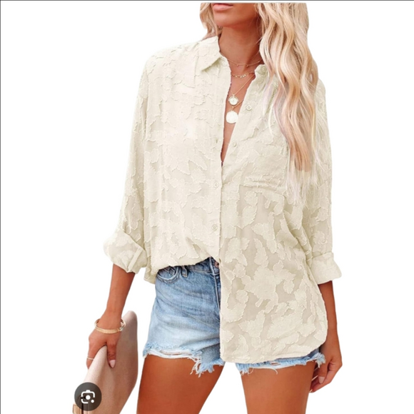 PrettyGarden Tops - Pretty Garden Romantic Sheer Chiffon Textured Blouse Button Down Cream Small